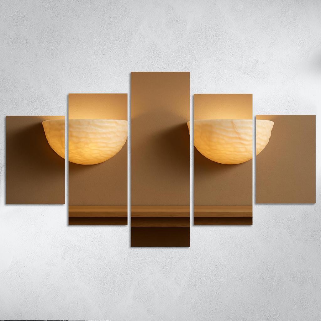 Hand Carved Alabaster Ripple Sconce Pair multi-panel paintings