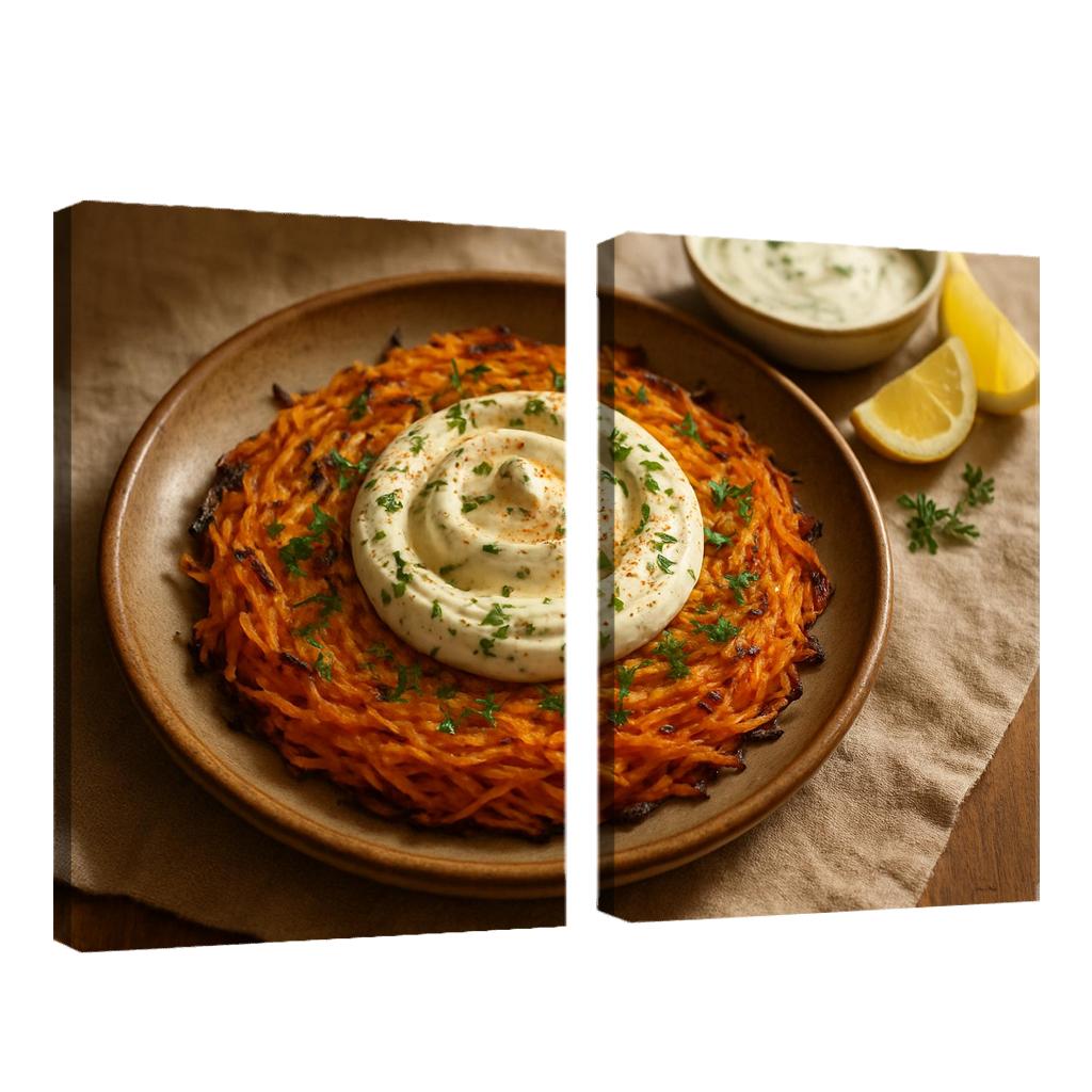 Smoked Paprika Sweet Potato Rosti With Lemon Herb Yogurt abstract paintings frame
