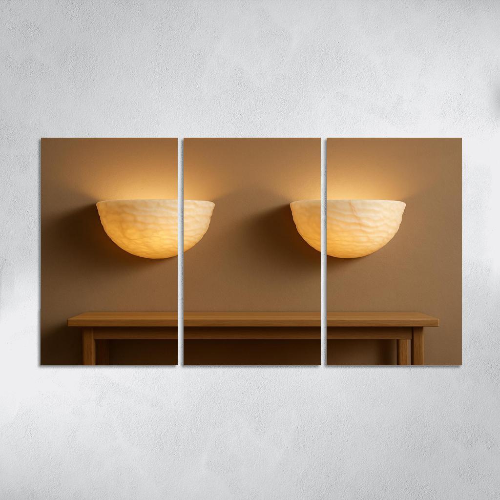 Hand Carved Alabaster Ripple Sconce Pair multi-panel paintings