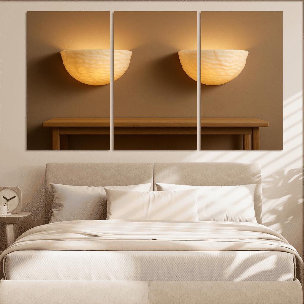 Hand Carved Alabaster Ripple Sconce Pair multi-panel paintings