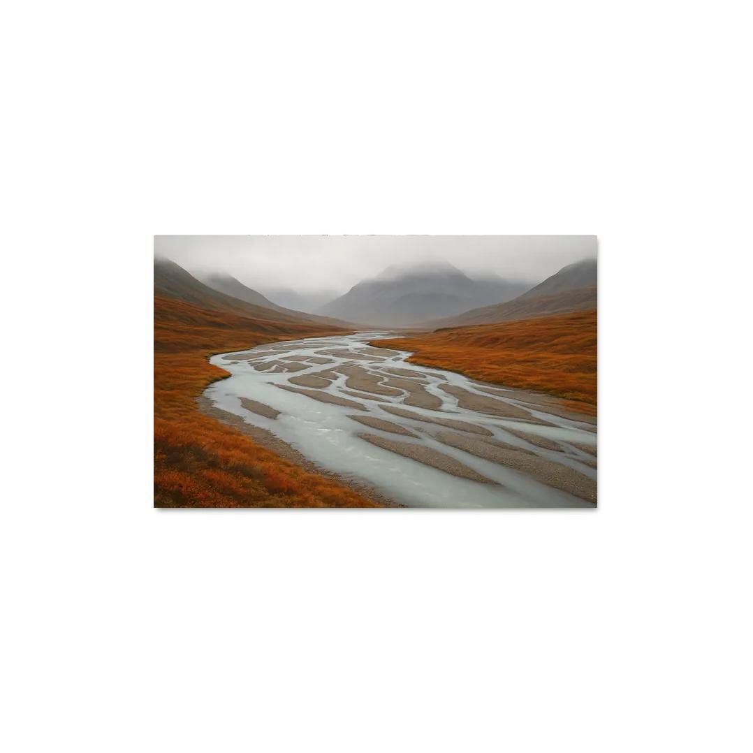 Glacial River Through Copper Tundra In Early Fog home decor
