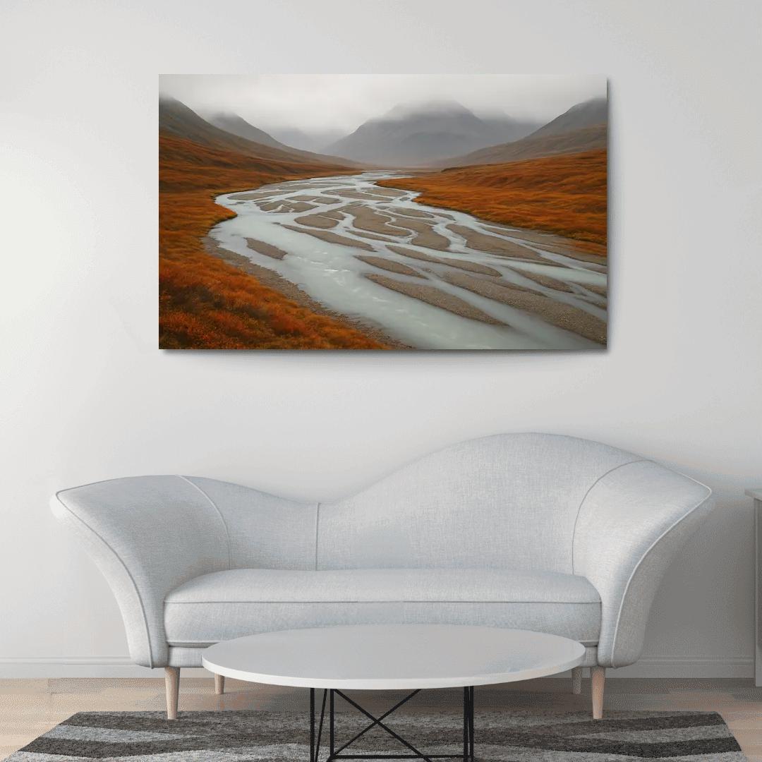 Glacial River Through Copper Tundra In Early Fog home decor