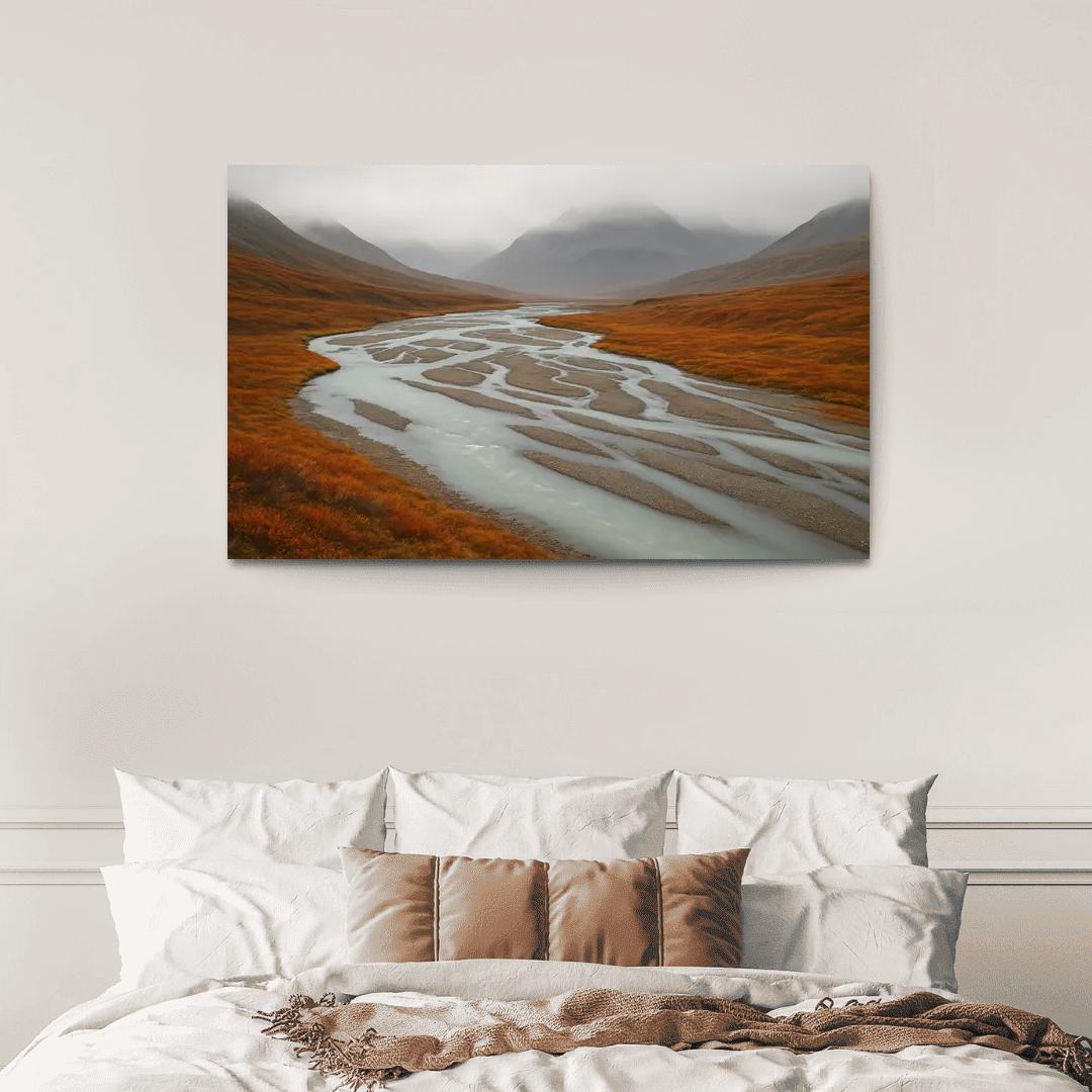 Glacial River Through Copper Tundra In Early Fog home decor