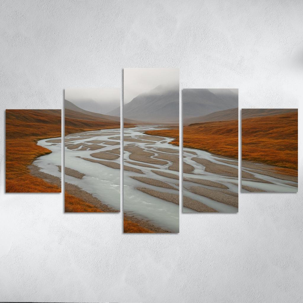 Glacial River Through Copper Tundra In Early Fog home decor