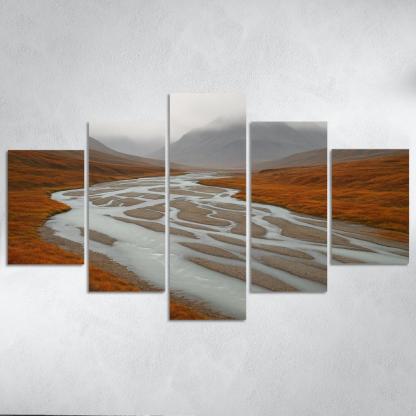 Glacial River Through Copper Tundra In Early Fog home decor