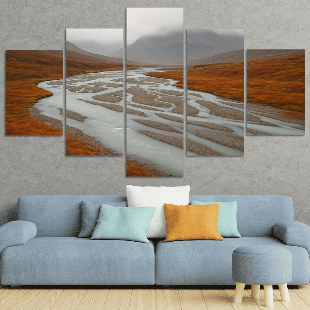 Glacial River Through Copper Tundra In Early Fog home decor