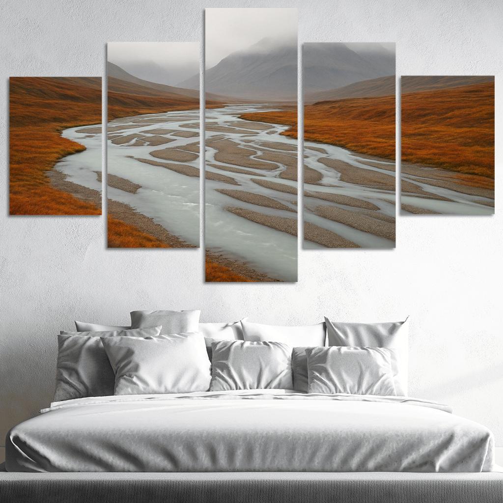 Glacial River Through Copper Tundra In Early Fog home decor