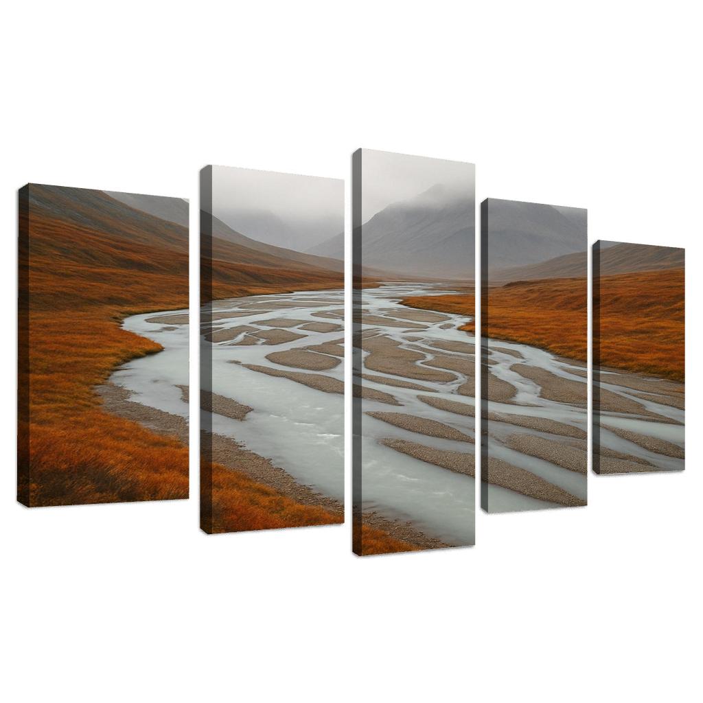 Glacial River Through Copper Tundra In Early Fog home decor