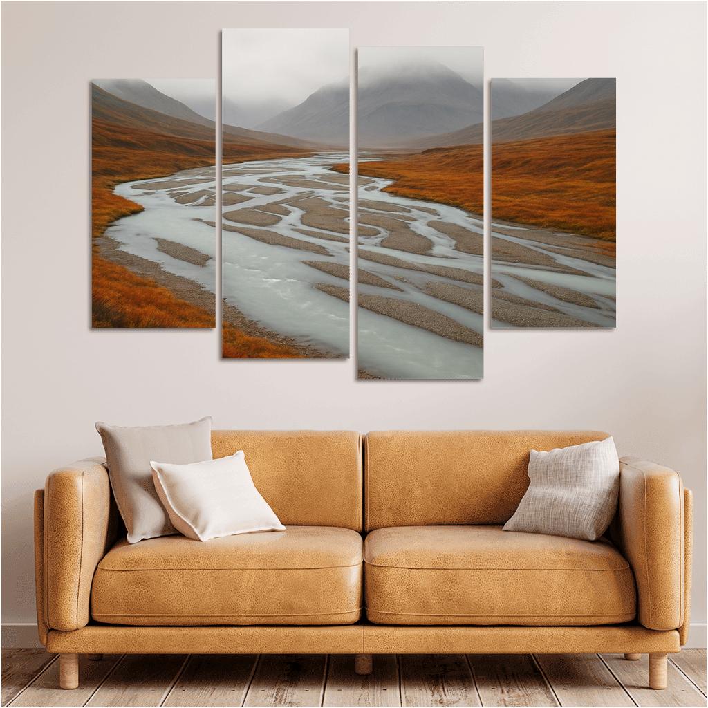 Glacial River Through Copper Tundra In Early Fog home decor