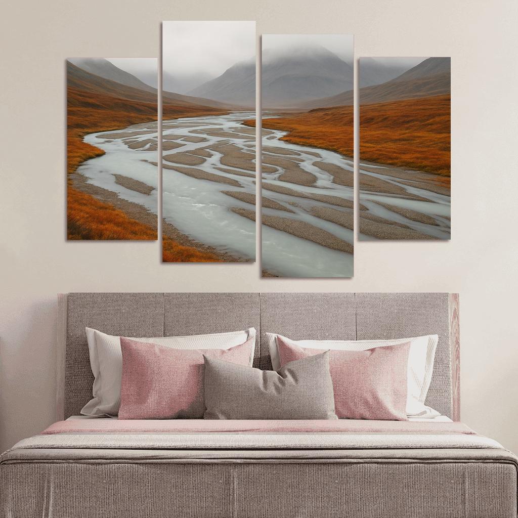 Glacial River Through Copper Tundra In Early Fog home decor