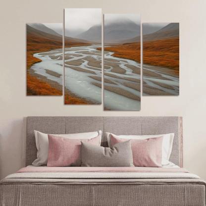 Glacial River Through Copper Tundra In Early Fog home decor