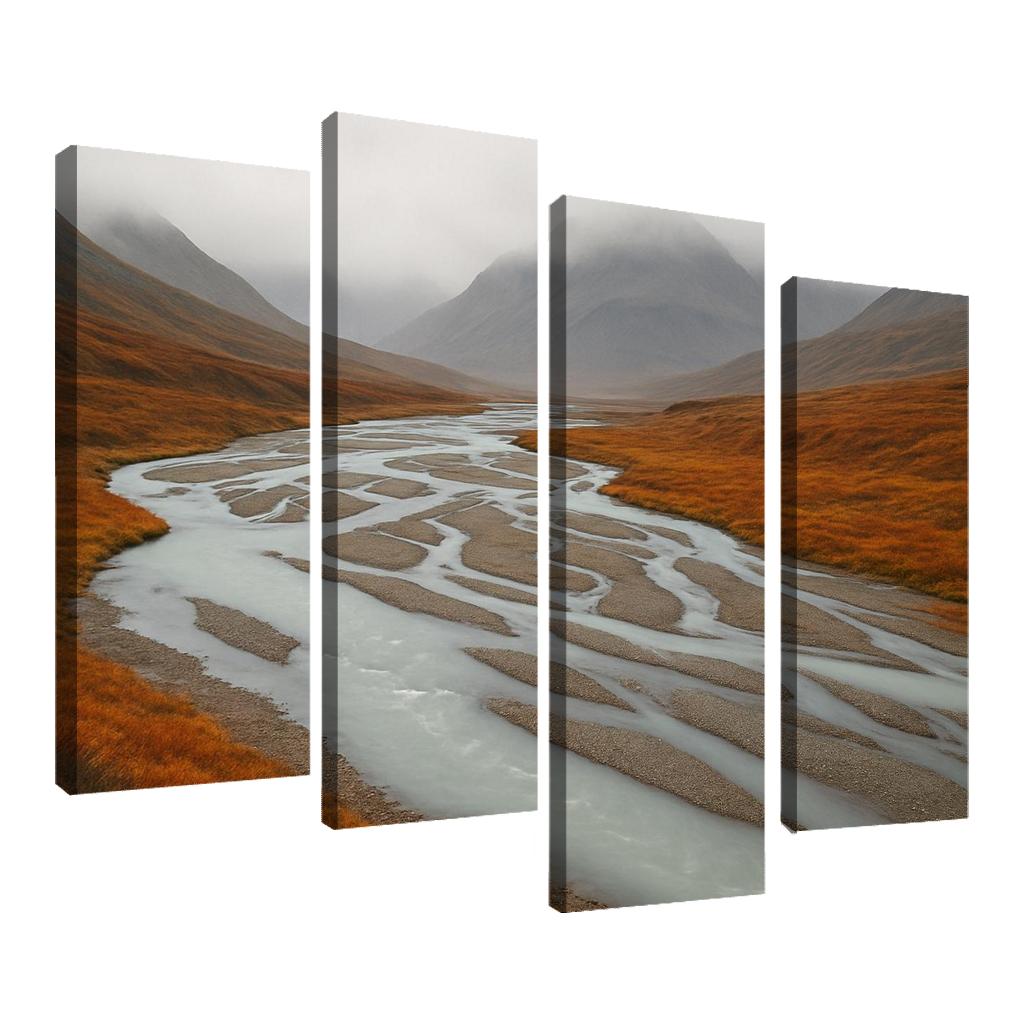 Glacial River Through Copper Tundra In Early Fog home decor