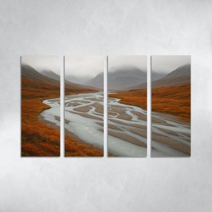 Glacial River Through Copper Tundra In Early Fog home decor