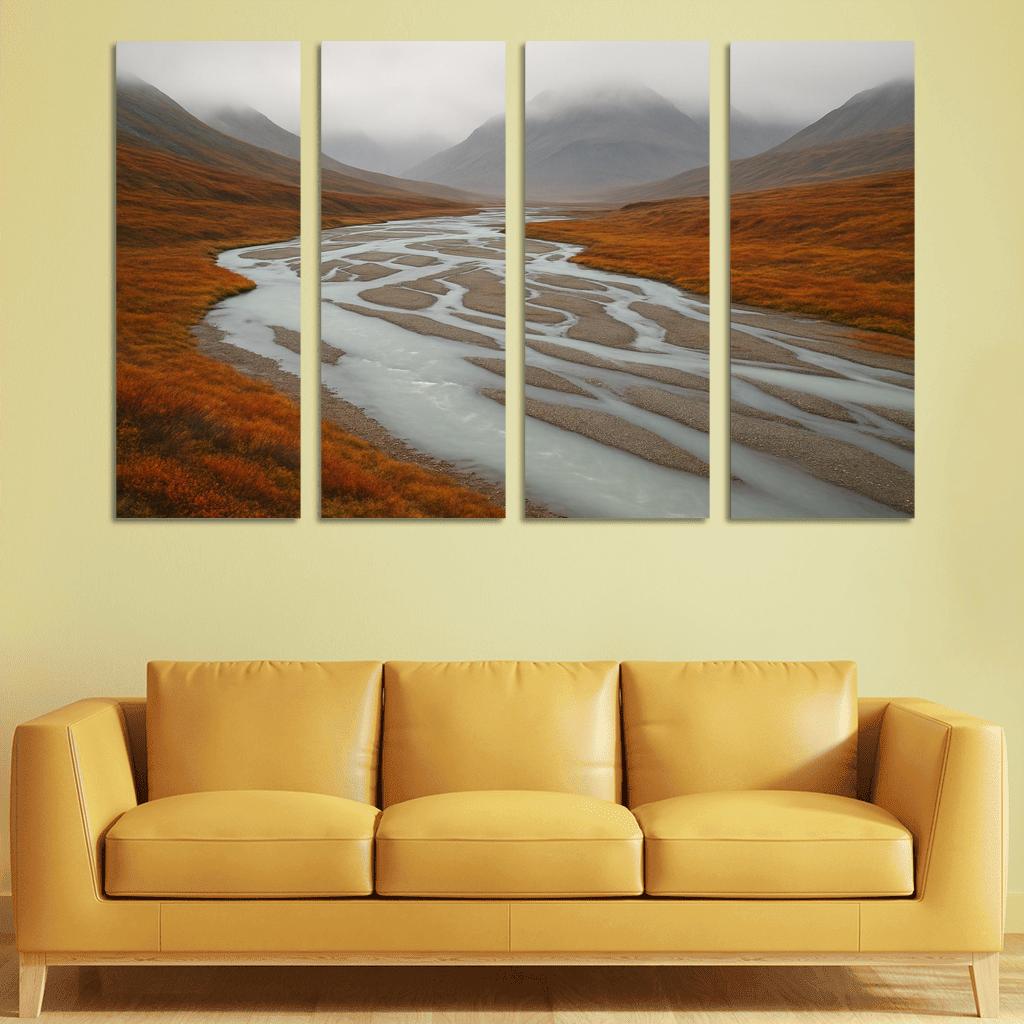 Glacial River Through Copper Tundra In Early Fog home decor
