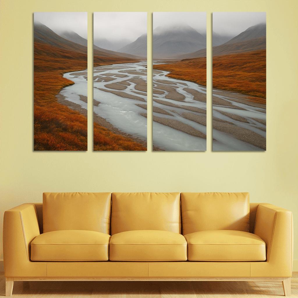 Glacial River Through Copper Tundra In Early Fog home decor