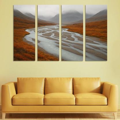 Glacial River Through Copper Tundra In Early Fog home decor
