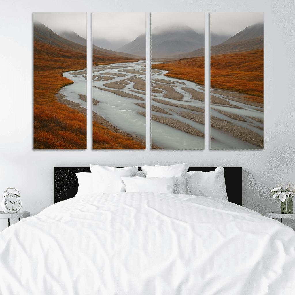Glacial River Through Copper Tundra In Early Fog home decor