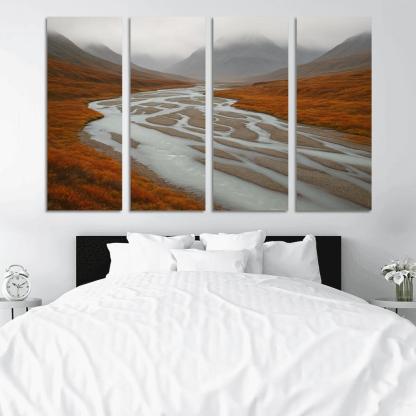 Glacial River Through Copper Tundra In Early Fog home decor