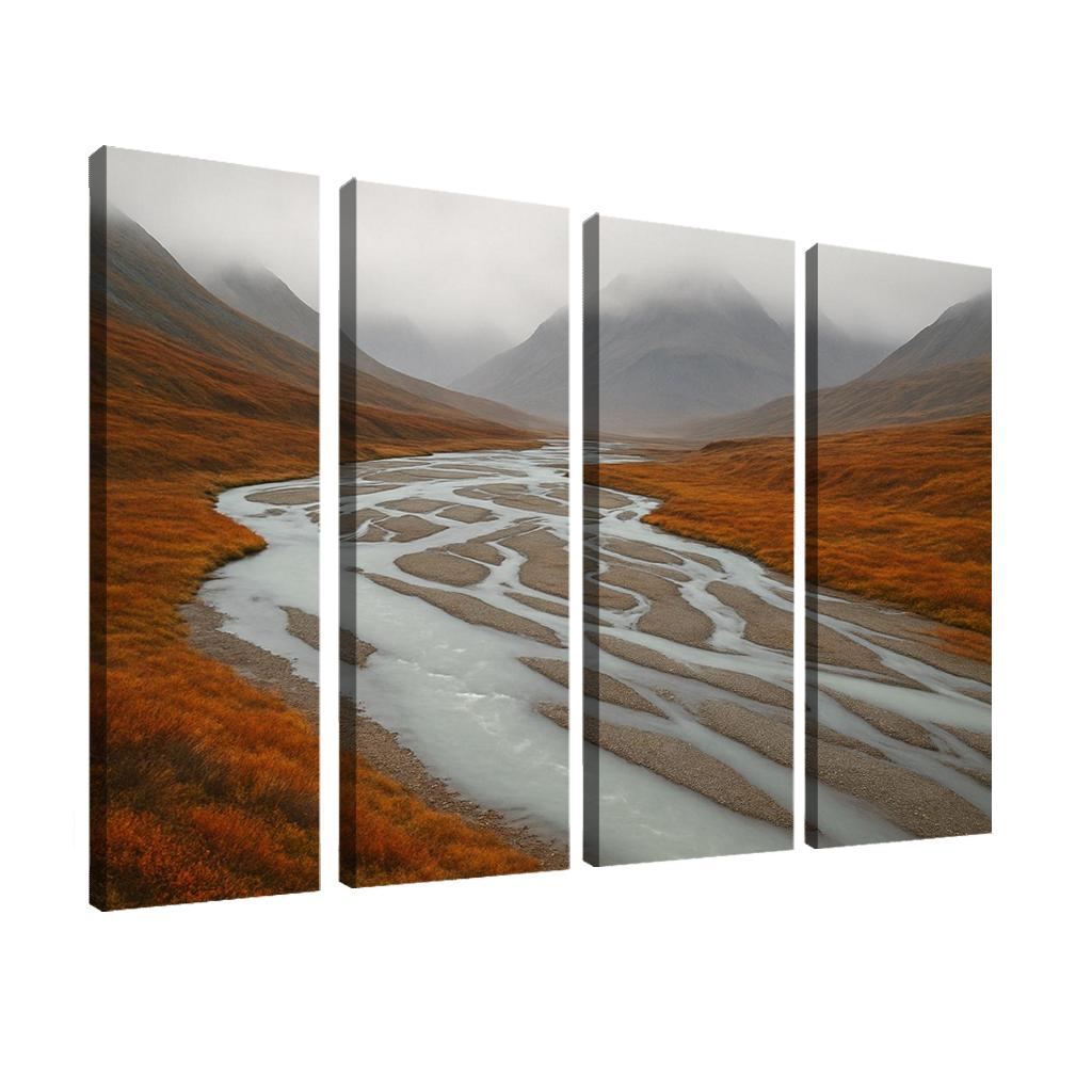 Glacial River Through Copper Tundra In Early Fog home decor