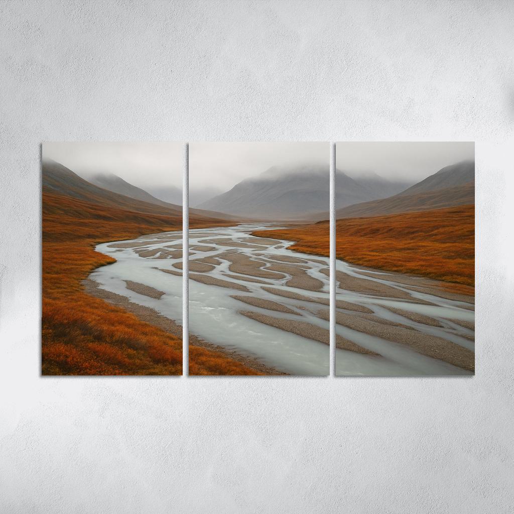 Glacial River Through Copper Tundra In Early Fog home decor