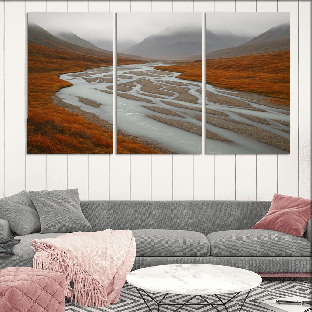 Glacial River Through Copper Tundra In Early Fog home decor