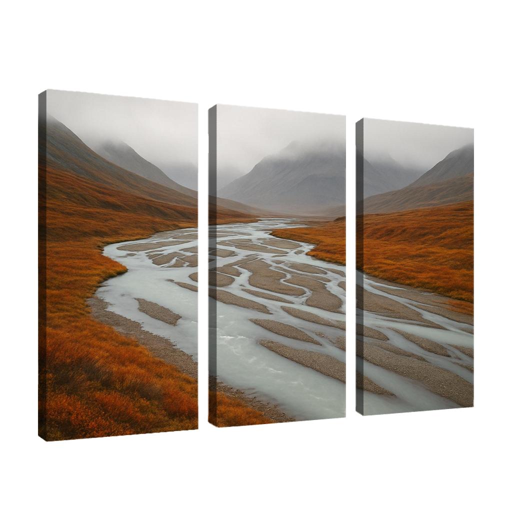Glacial River Through Copper Tundra In Early Fog home decor
