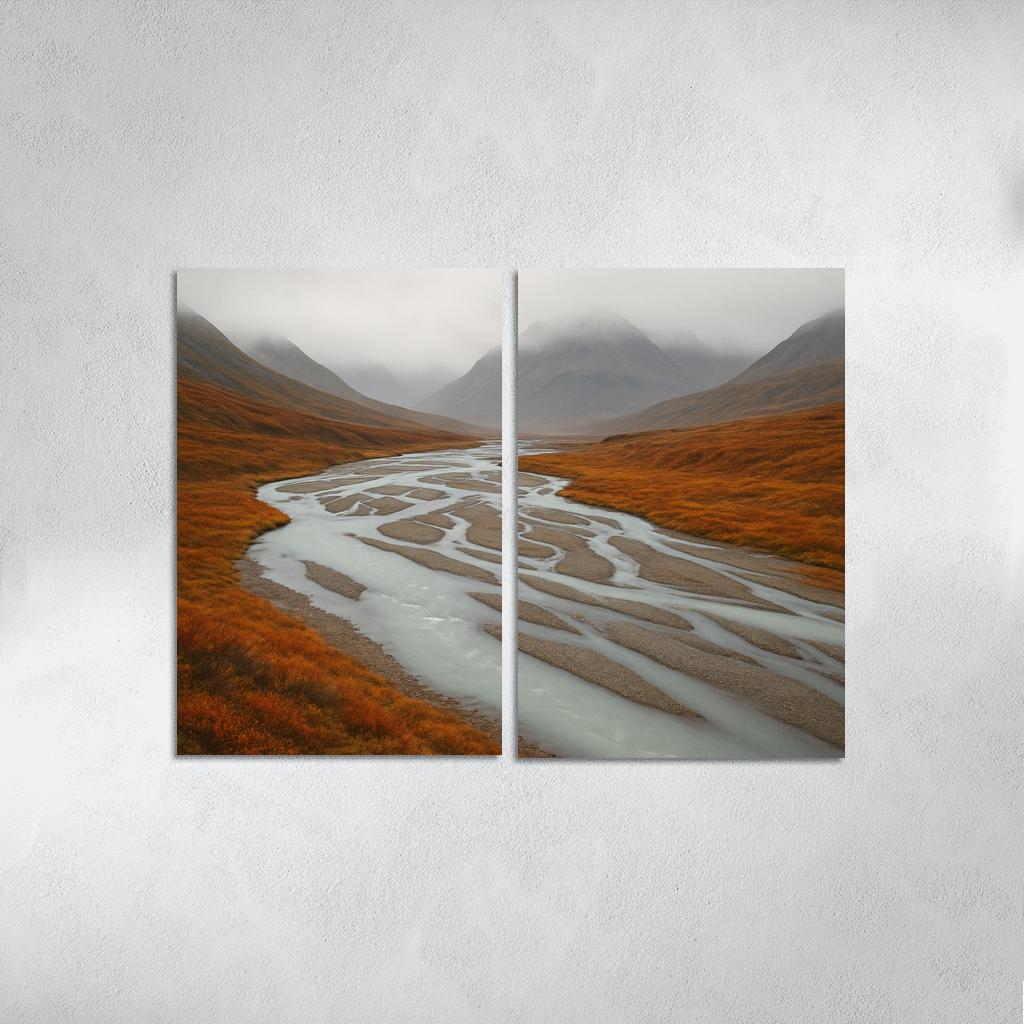 Glacial River Through Copper Tundra In Early Fog home decor