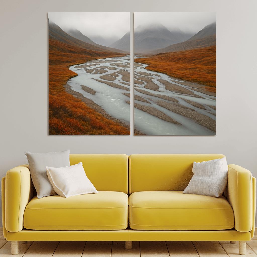 Glacial River Through Copper Tundra In Early Fog home decor