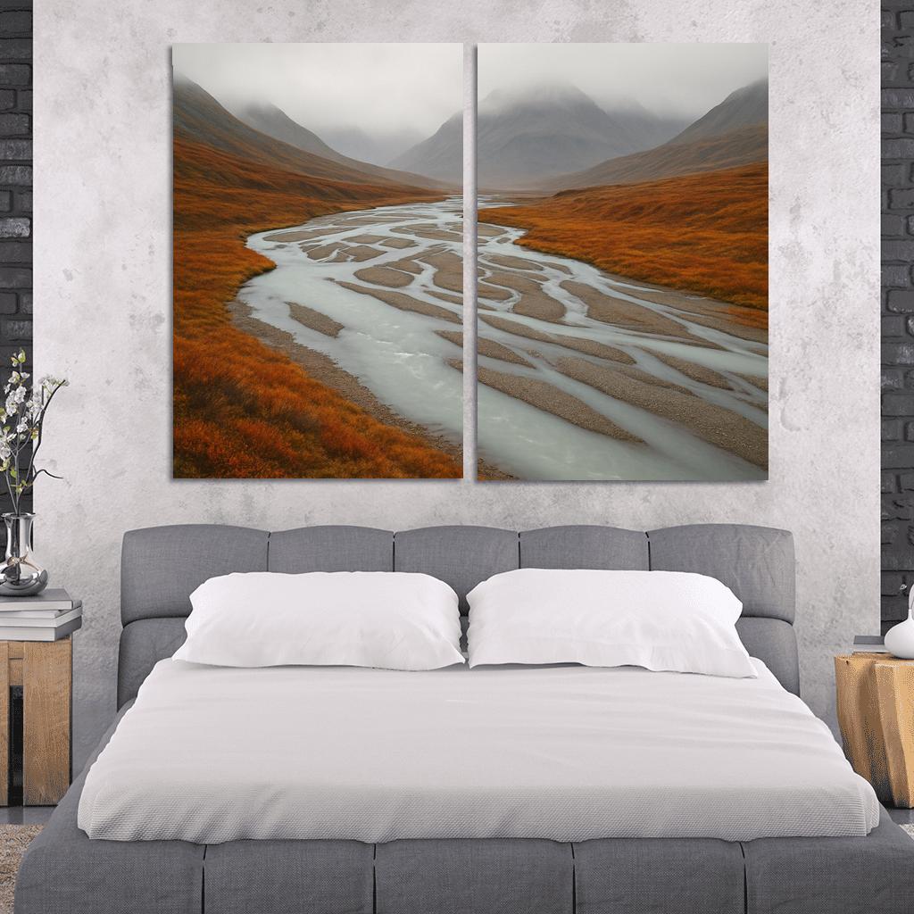 Glacial River Through Copper Tundra In Early Fog home decor
