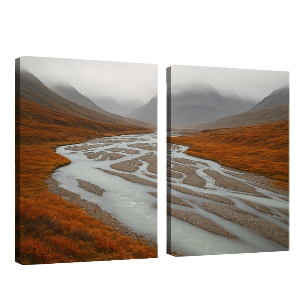 Glacial River Through Copper Tundra In Early Fog home decor