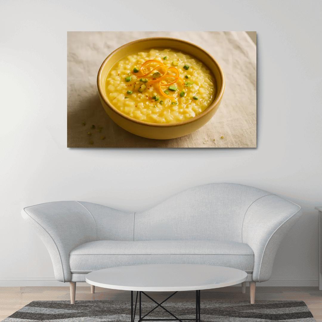 Saffron Orange Rice Pudding With Pistachio Dust canvas paintings frame