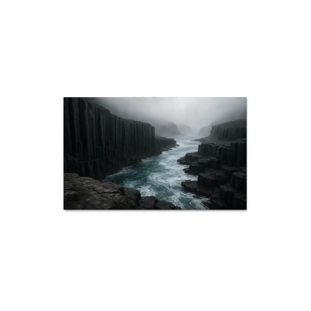 Fogbound Basalt Cliffs Above A Turquoise Surge wall art