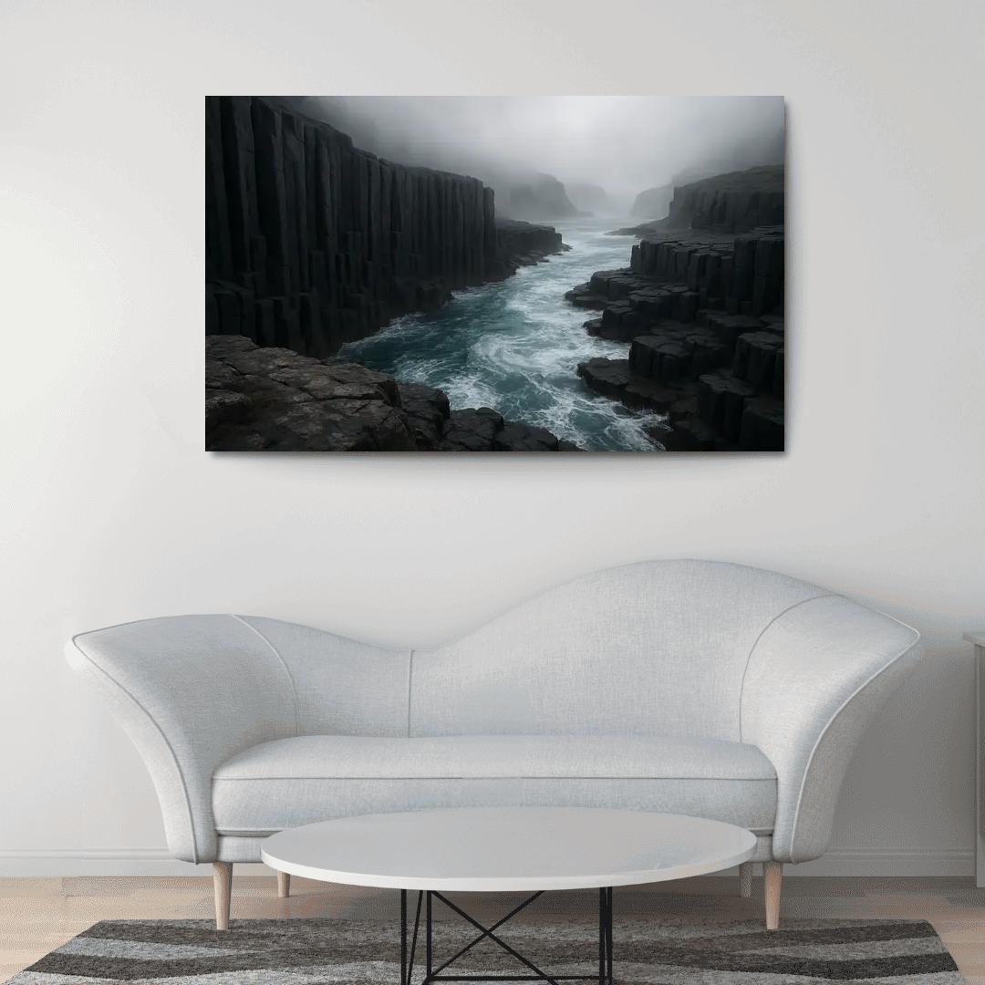 Fogbound Basalt Cliffs Above A Turquoise Surge wall art