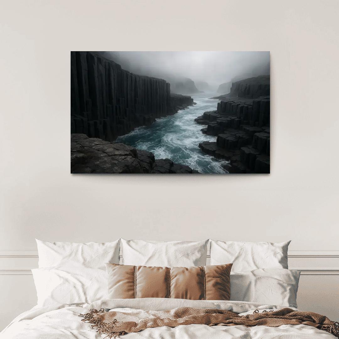 Fogbound Basalt Cliffs Above A Turquoise Surge wall art