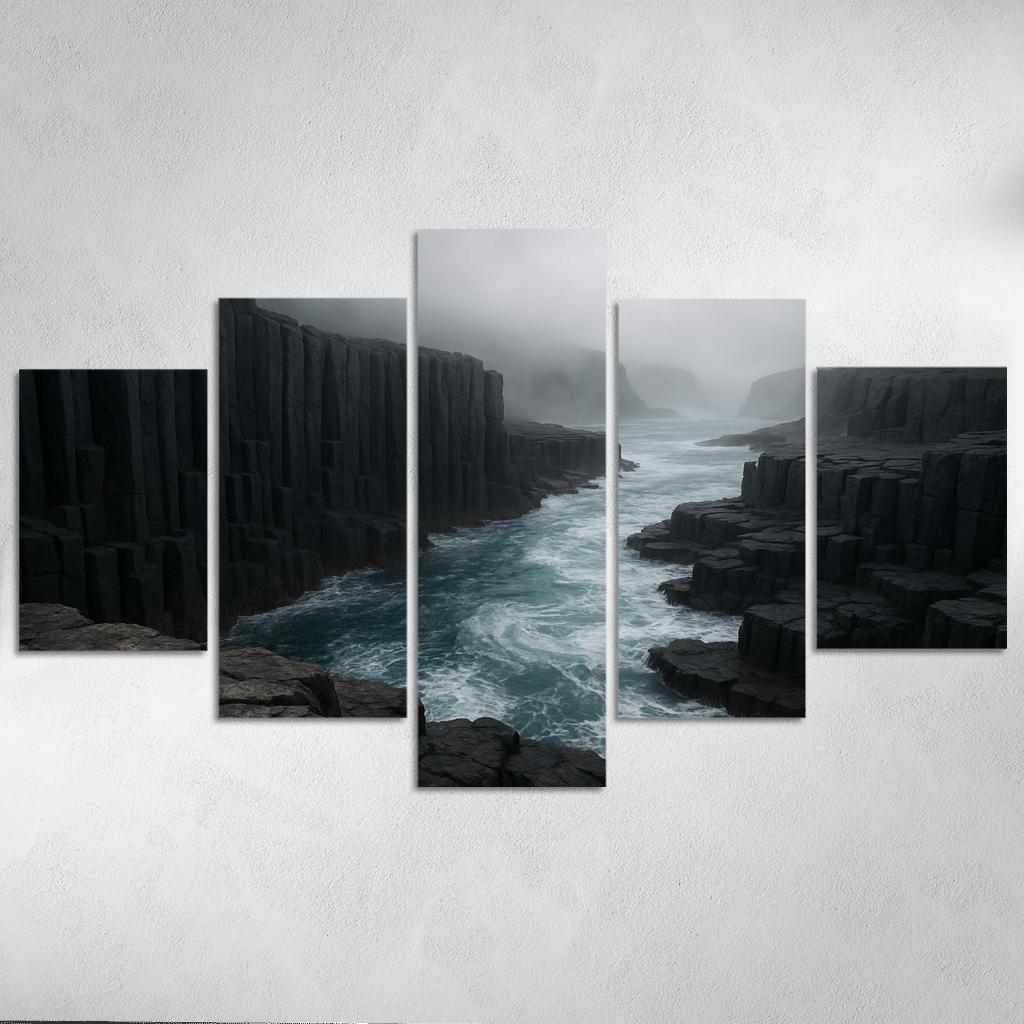 Fogbound Basalt Cliffs Above A Turquoise Surge wall art