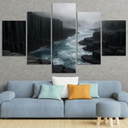 Fogbound Basalt Cliffs Above A Turquoise Surge wall art