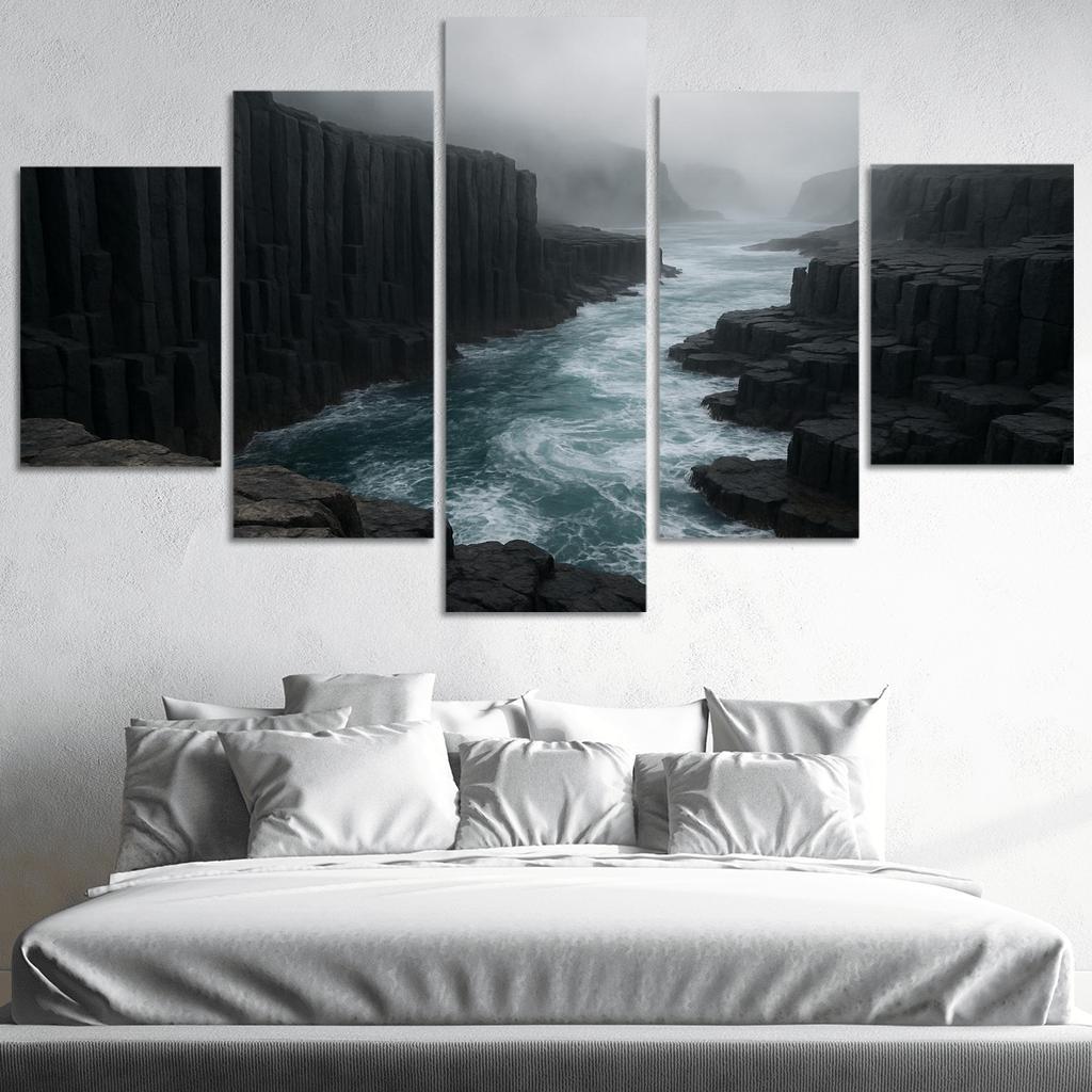 Fogbound Basalt Cliffs Above A Turquoise Surge wall art