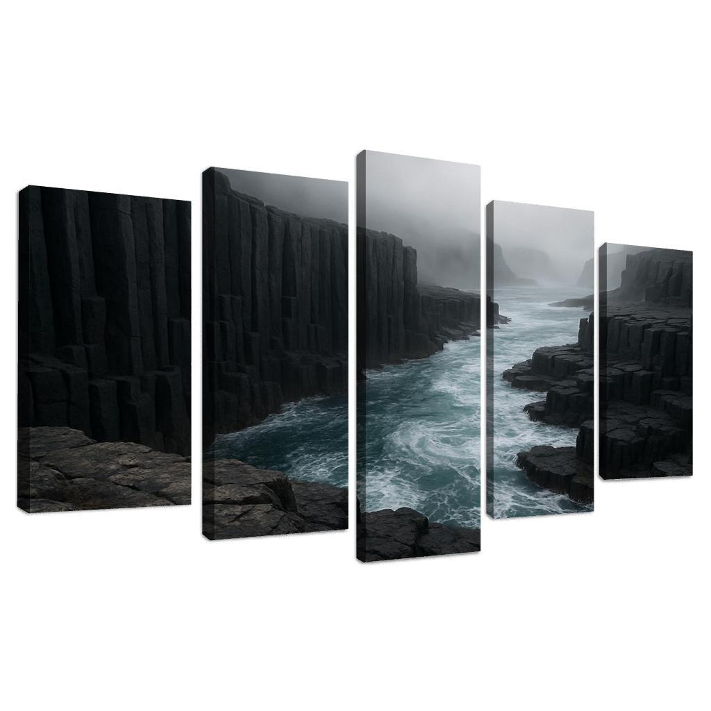 Fogbound Basalt Cliffs Above A Turquoise Surge wall art