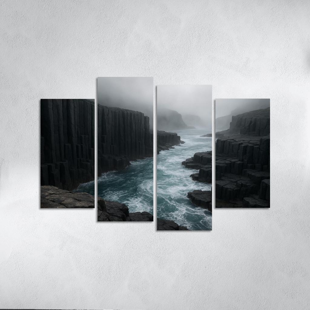 Fogbound Basalt Cliffs Above A Turquoise Surge wall art