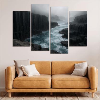 Fogbound Basalt Cliffs Above A Turquoise Surge wall art