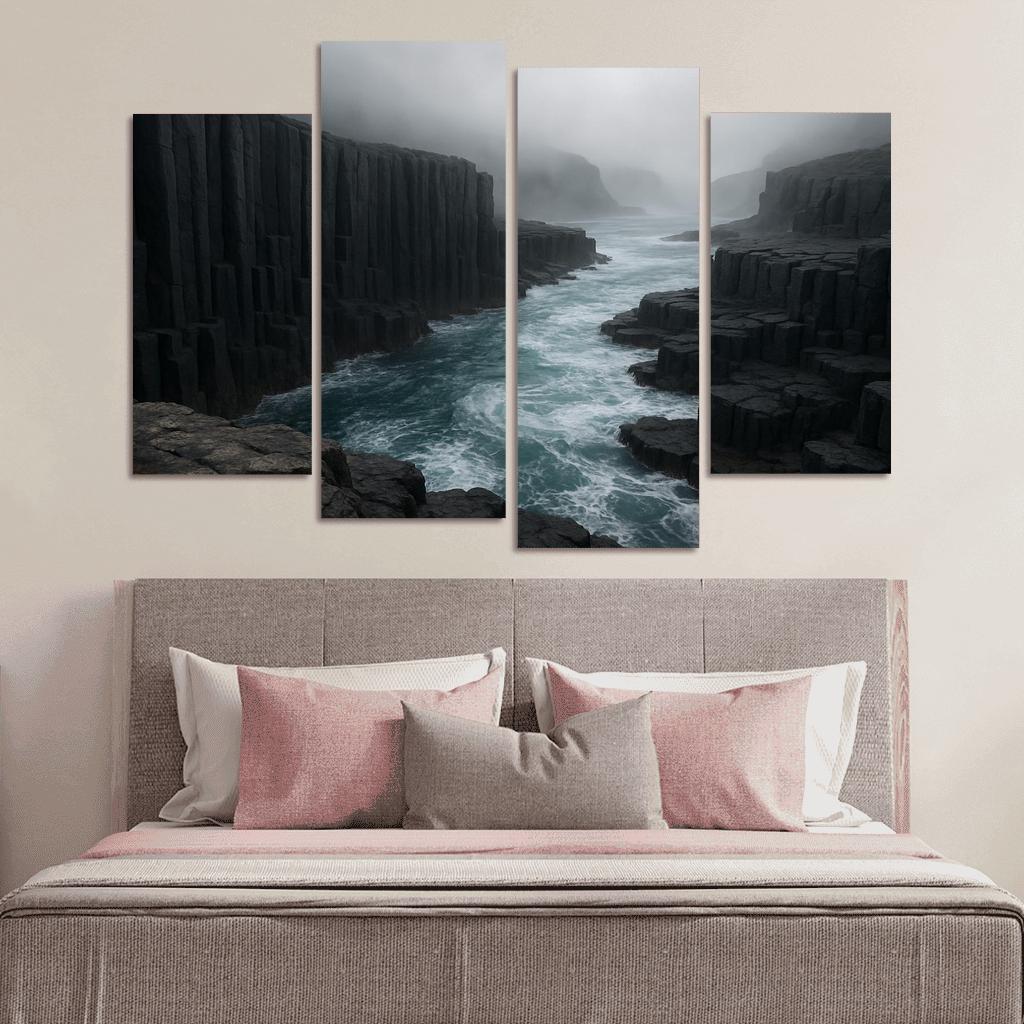 Fogbound Basalt Cliffs Above A Turquoise Surge wall art
