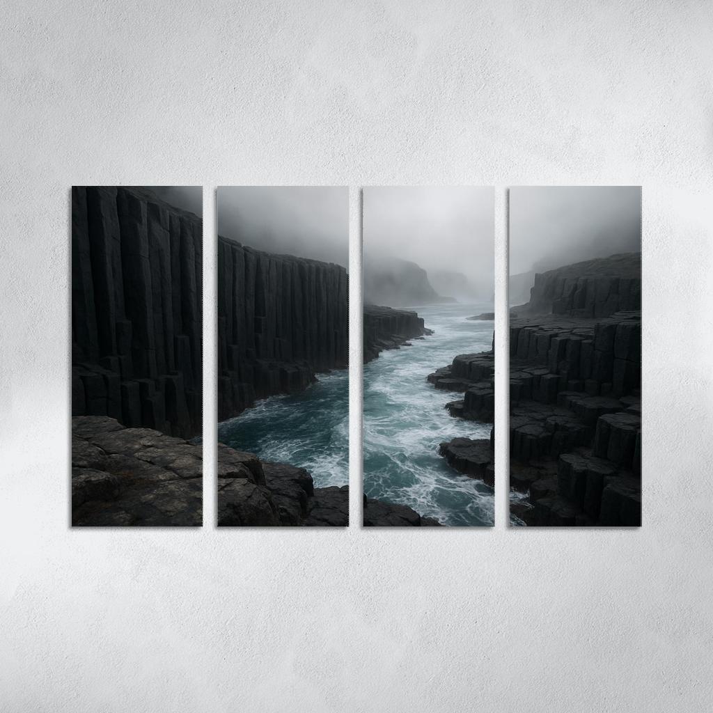 Fogbound Basalt Cliffs Above A Turquoise Surge wall art