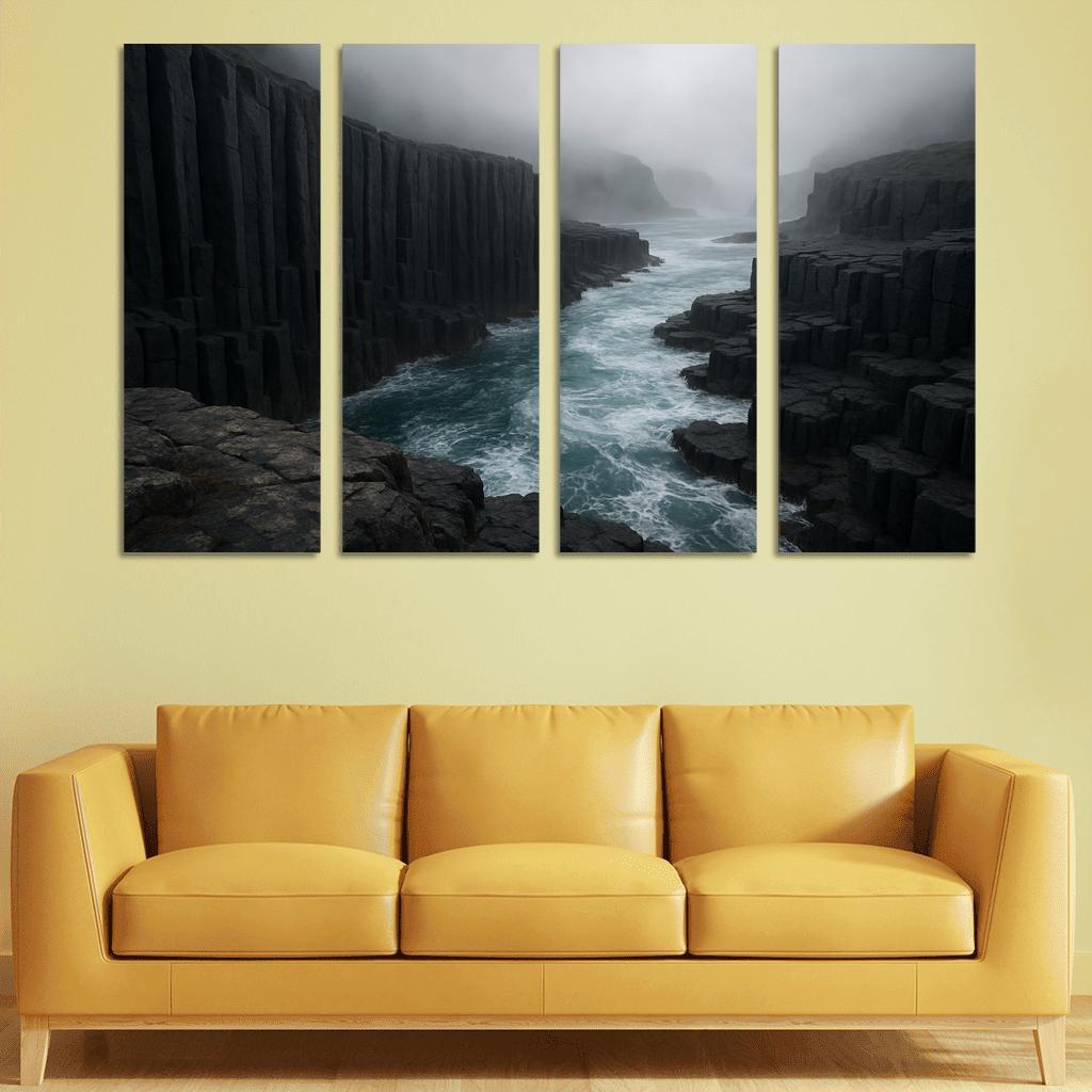 Fogbound Basalt Cliffs Above A Turquoise Surge wall art