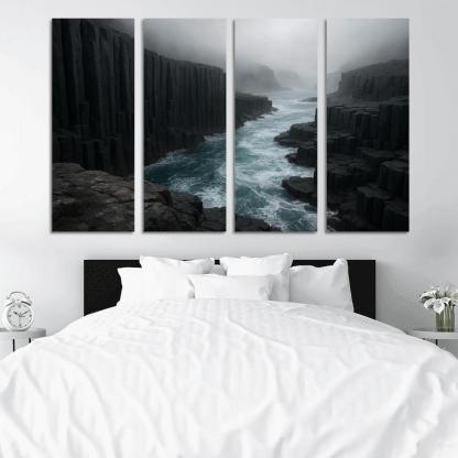 Fogbound Basalt Cliffs Above A Turquoise Surge wall art