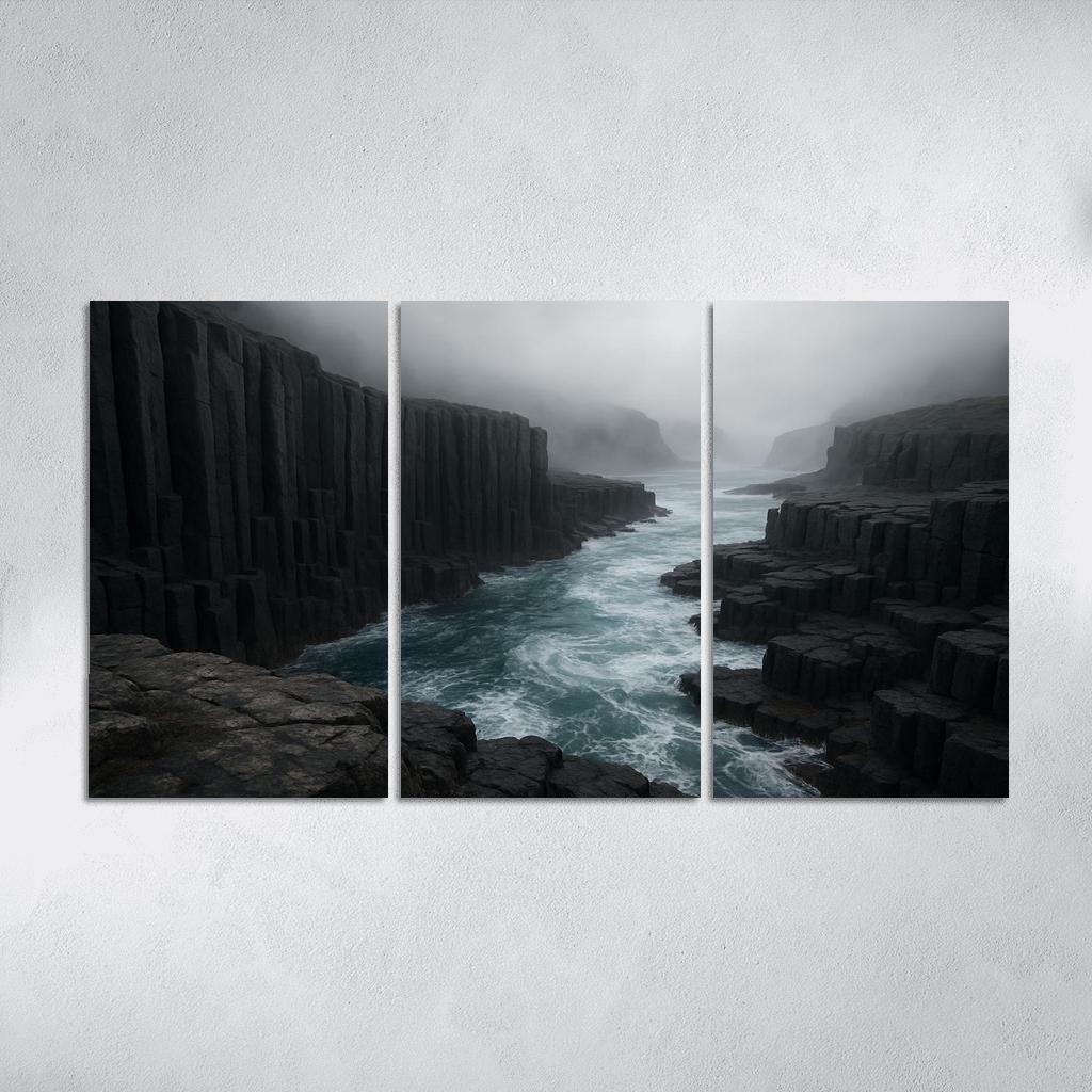 Fogbound Basalt Cliffs Above A Turquoise Surge wall art