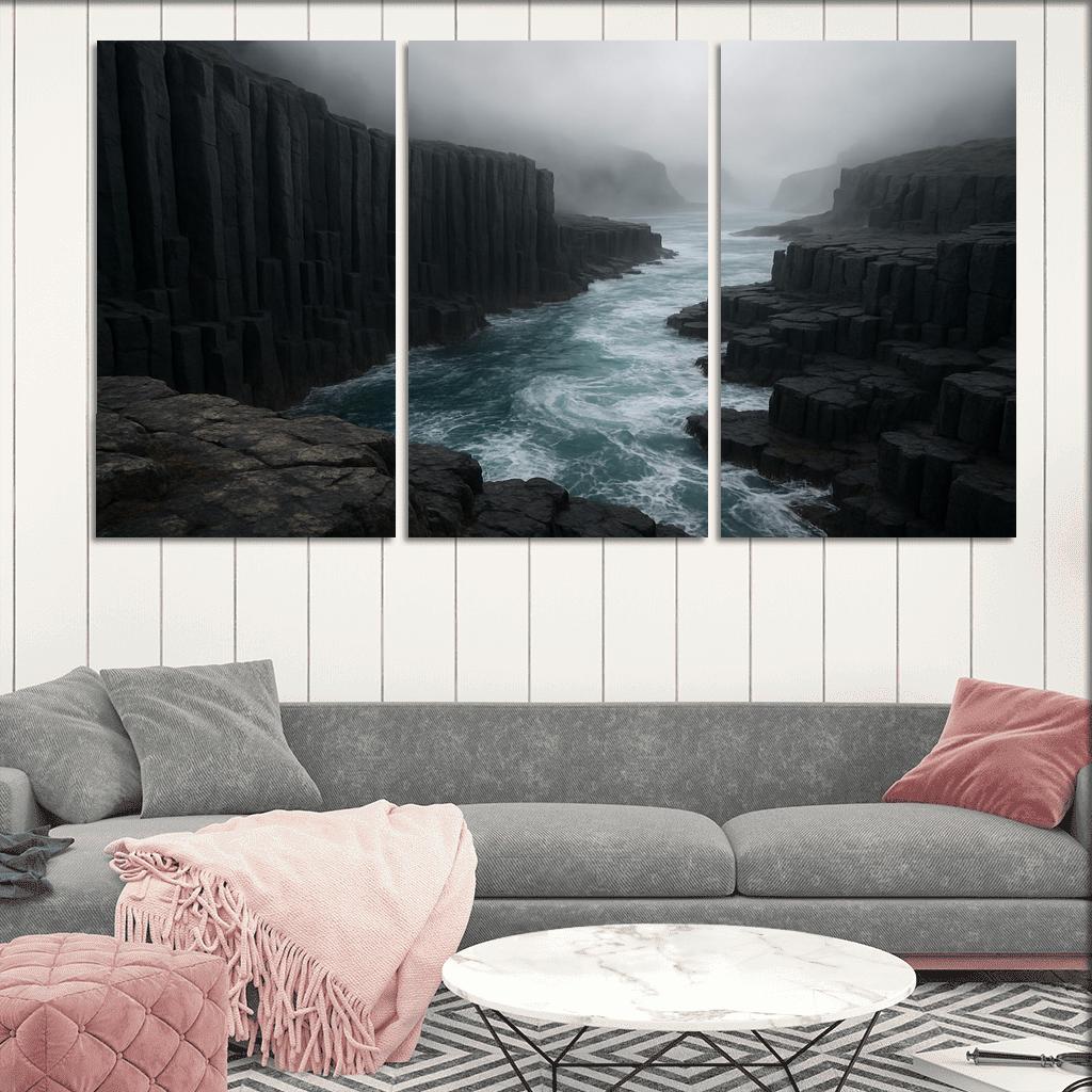 Fogbound Basalt Cliffs Above A Turquoise Surge wall art