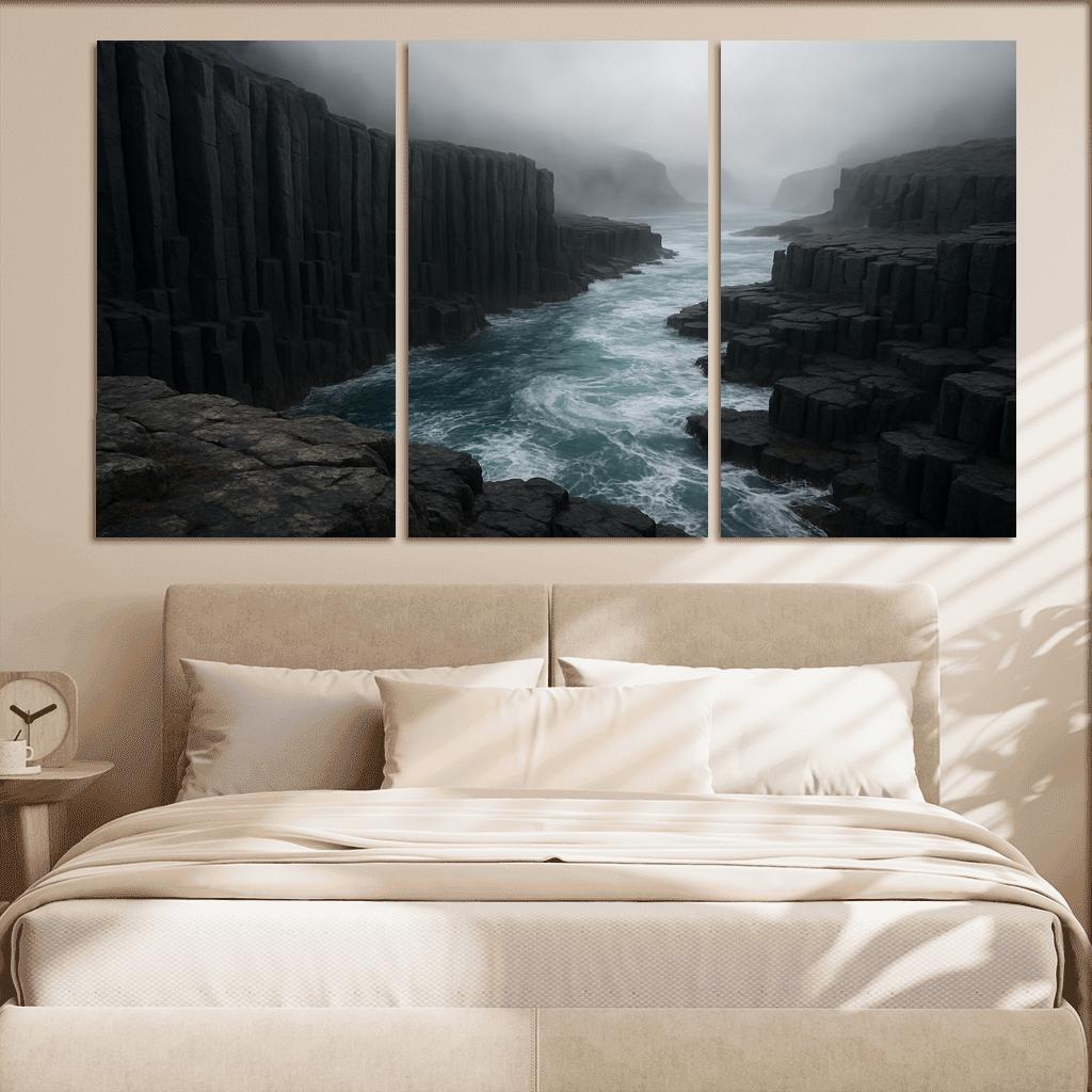 Fogbound Basalt Cliffs Above A Turquoise Surge wall art