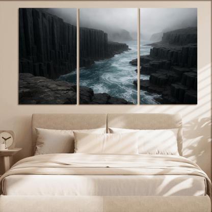 Fogbound Basalt Cliffs Above A Turquoise Surge wall art