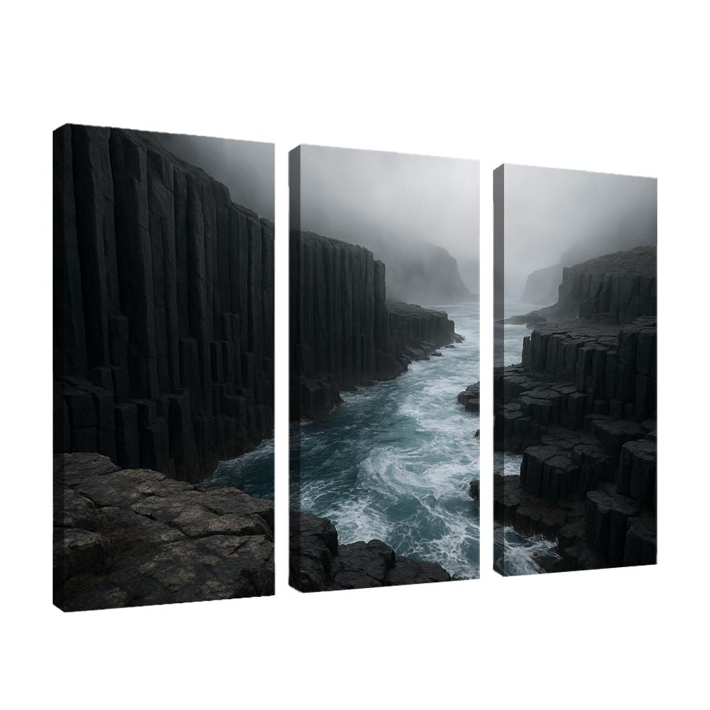 Fogbound Basalt Cliffs Above A Turquoise Surge wall art