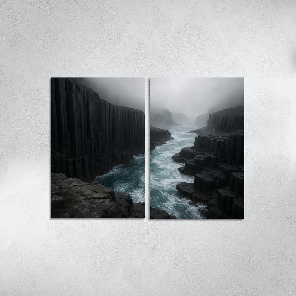 Fogbound Basalt Cliffs Above A Turquoise Surge wall art
